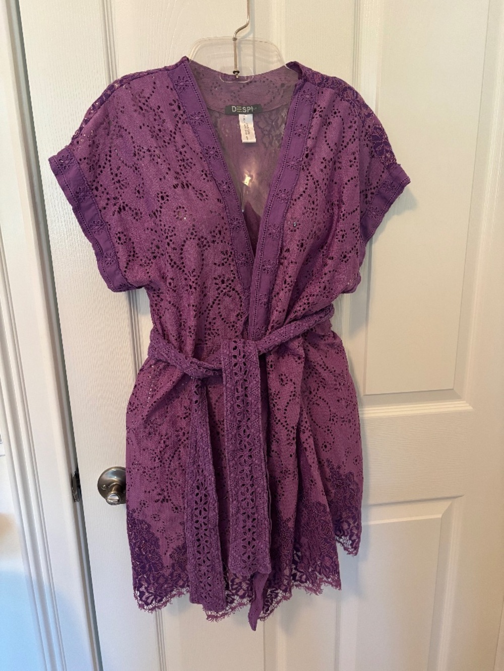 Despi purple large bathing suit coverup with sash and lace trim bottom.